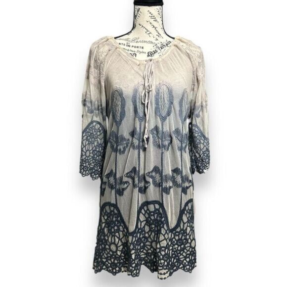 XCVI S Blue Gray Mesh Lace Dress Boho Embroidered Sheer Mini Tunic Festival - Picture 1 of 8